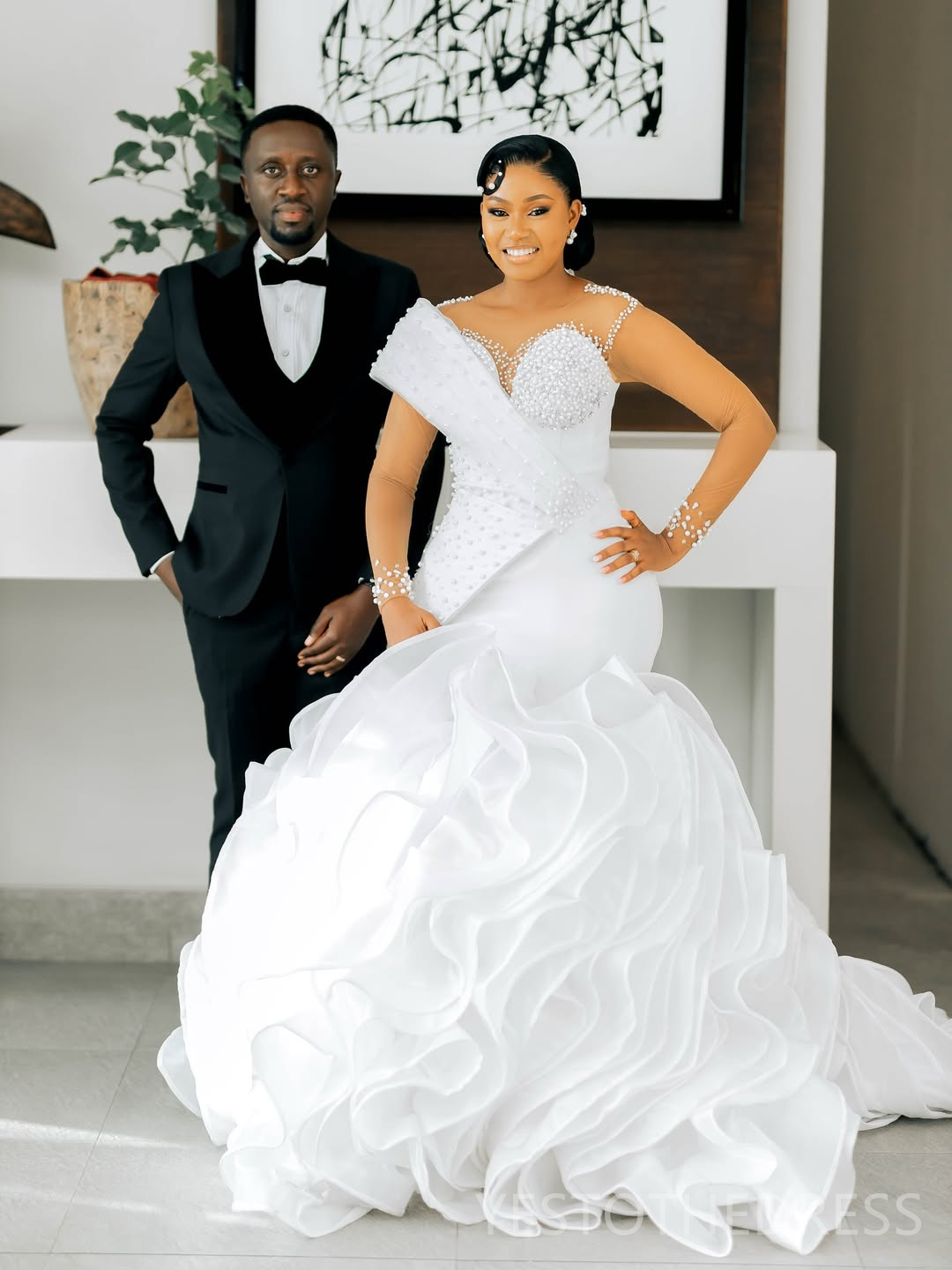 2026 Plus Size Wedding Dress For Bride Mermaid Wedding Gowns Illusion Sheer Neck Long Sleeves Pearls Tulle Tiers Organza Bridal Dresses For Black Afri