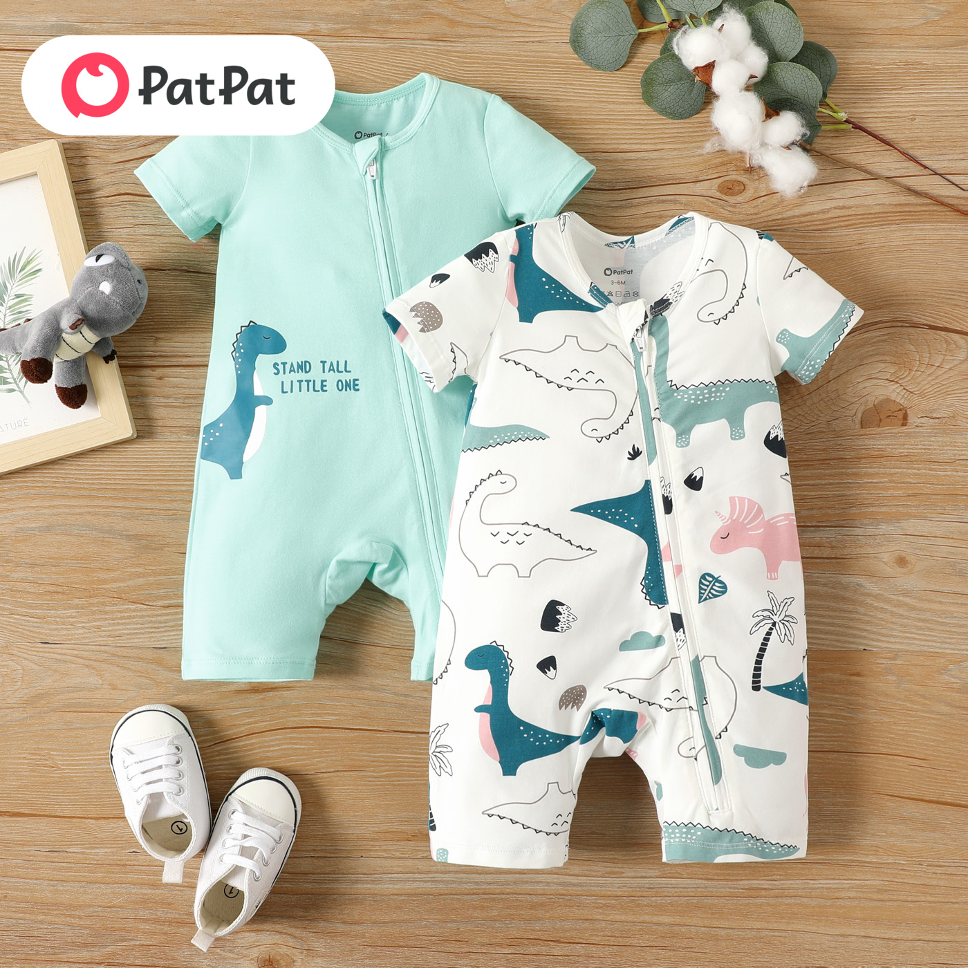 PatPat 2-Pack Baby Boy Cotton Dinosaur Print Short-sleeve Rompers