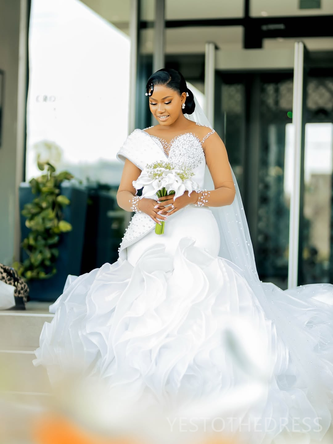 2026 Plus Size Wedding Dress For Bride Mermaid Wedding Gowns Illusion Sheer Neck Long Sleeves Pearls Tulle Tiers Organza Bridal Dresses For Black Afri
