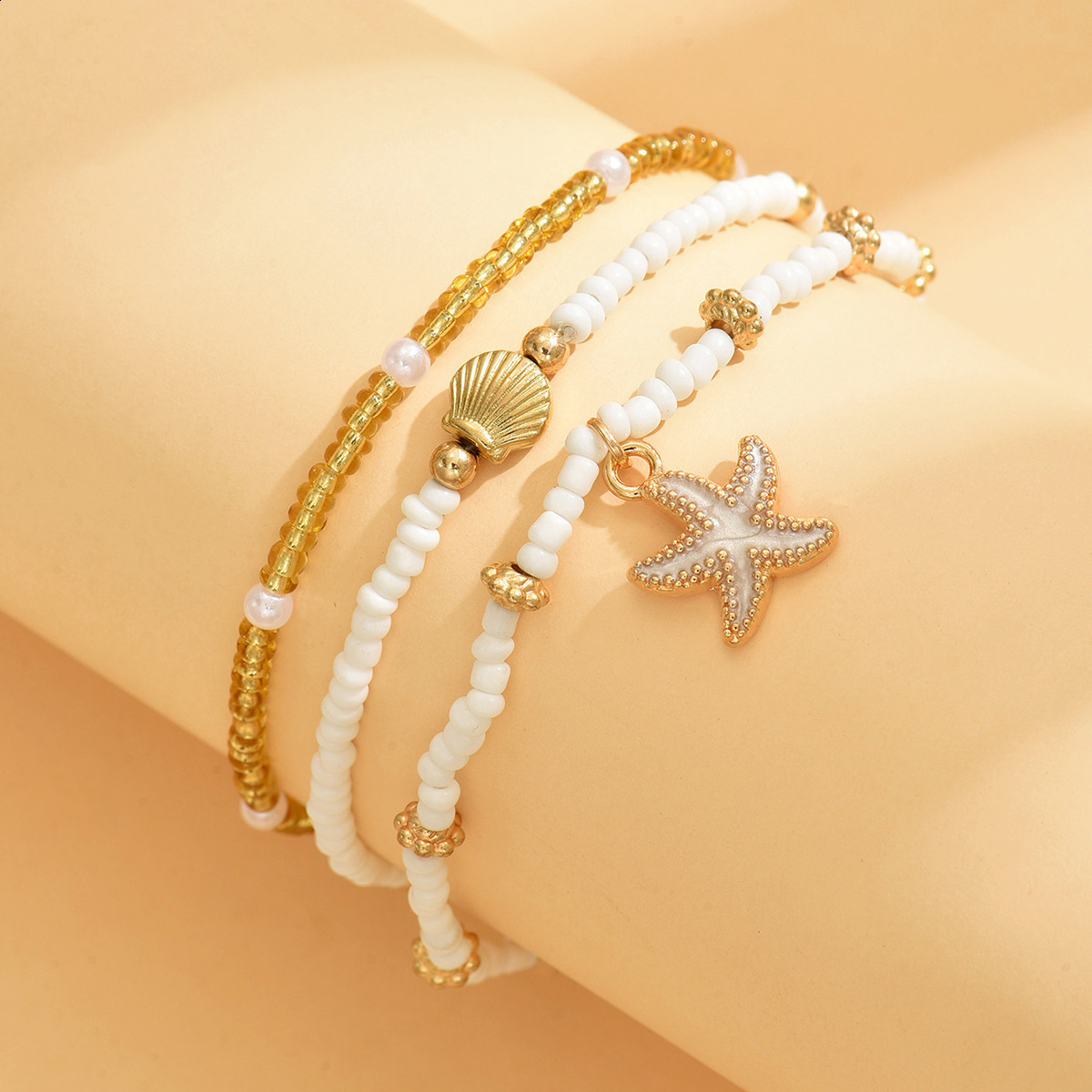 New Summer Bohemian Style Drip Oil Sea Star Shell Rice Bead Foot Chain Three Piece Set