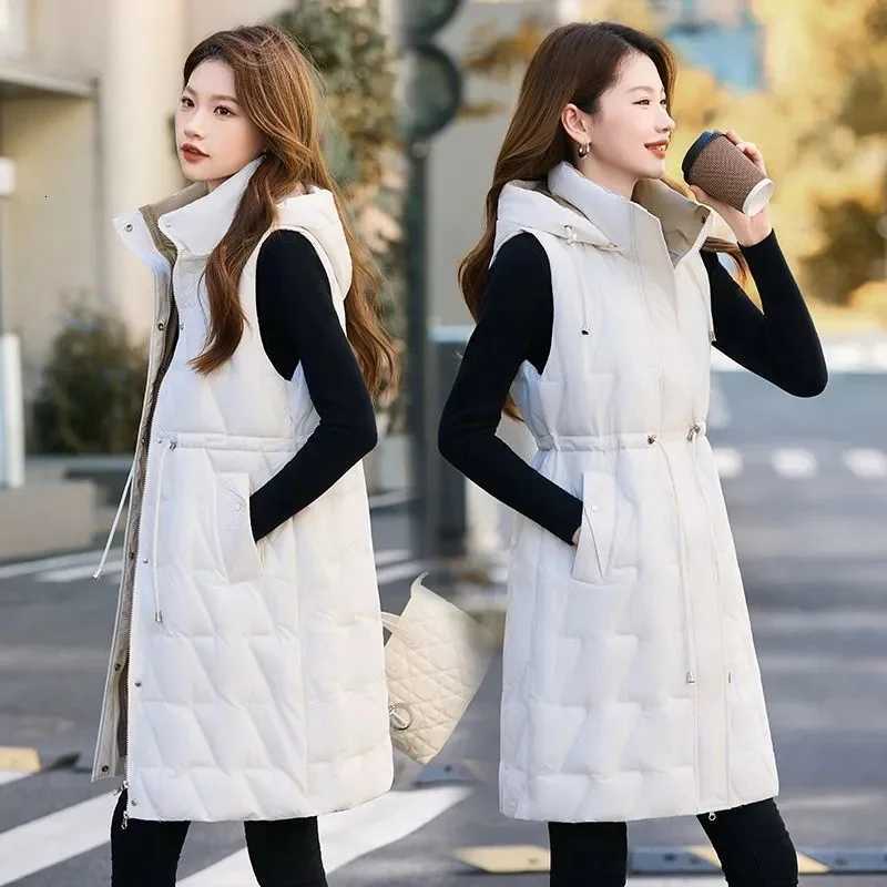 Winter Down Cotton Sleeveless Vest Women Warm Hooded Mid Long Jacket Casual Female Waistcoat Fashion Outerwears Chaleco MujerT251128