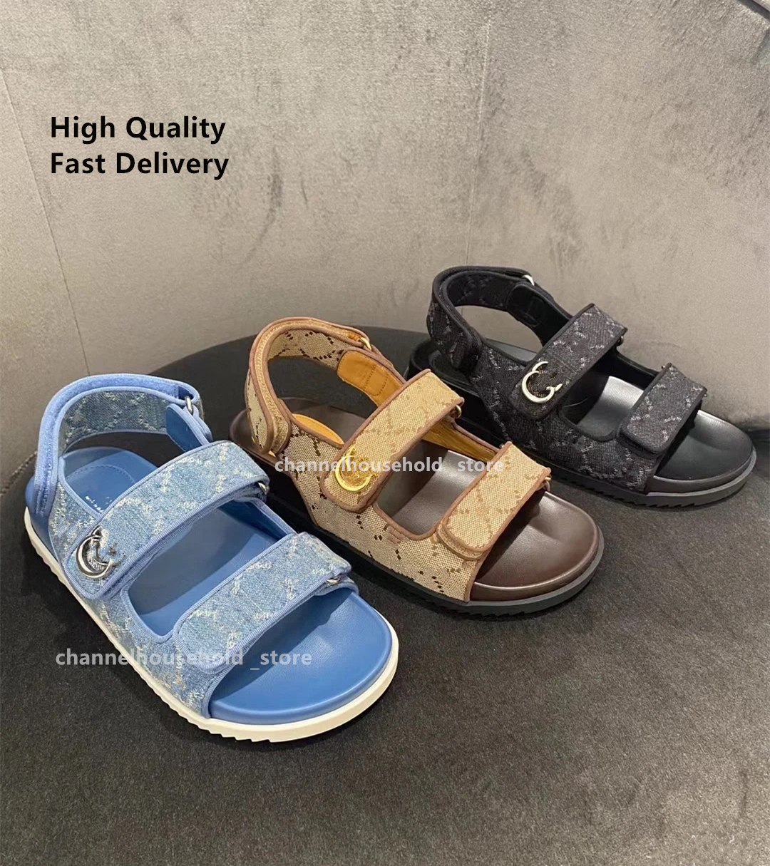 2025 New Women's Sandals Luxury Designer Mule Vintage Calfskin Leather Black Brown Denim Slippers Casual Summer Beach Roman Flip-Flops Mule Shoes gu Slide Hook&Loop