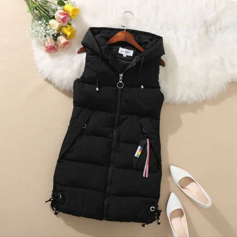 Womens Thick Warm Down Cotton-Padded Waistcoat Sleeveless Vest Long Hooded Vest Korean Loose Jacket Outwear Autumn WinterT251128