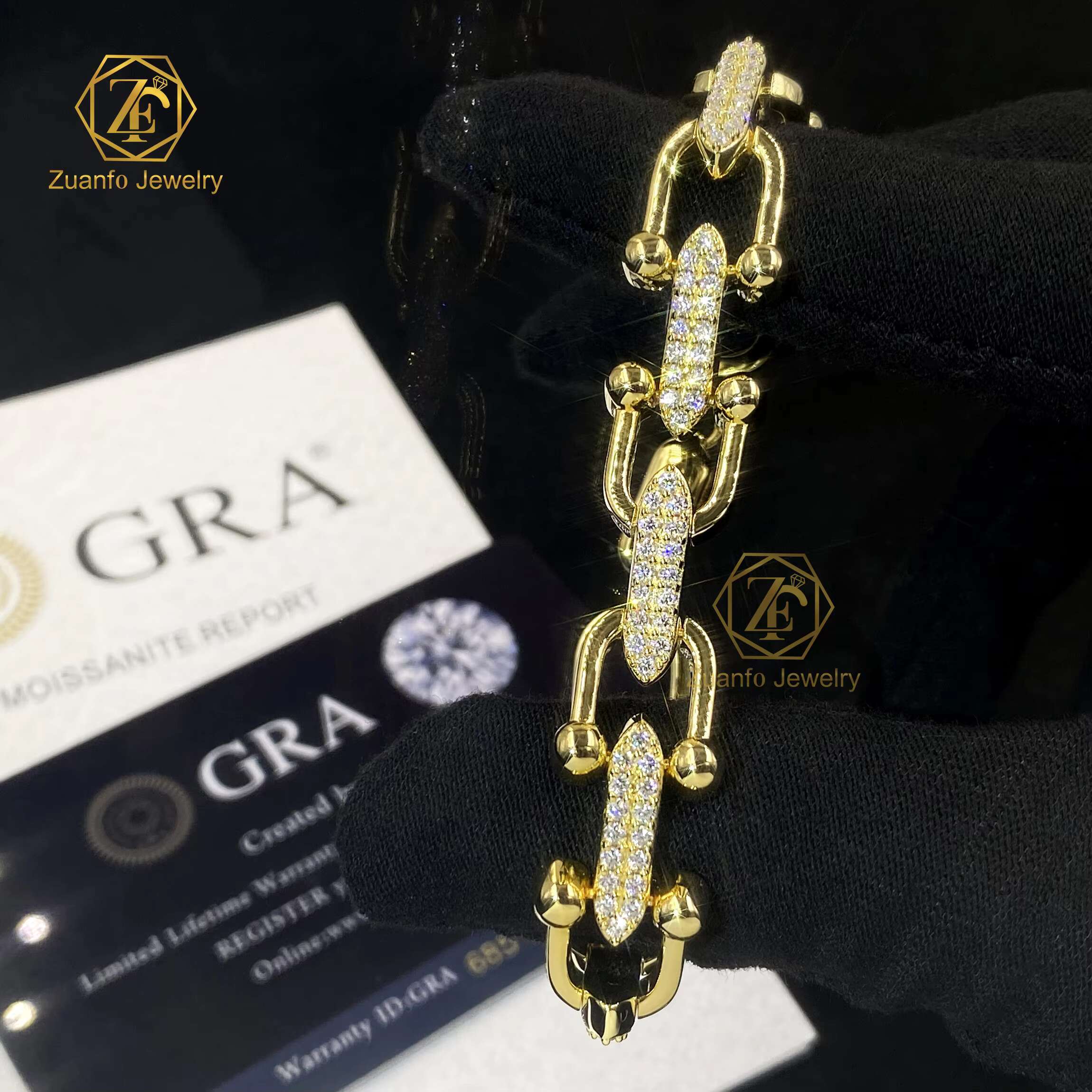 Luxury Jewelry S925 18K Yellow Gold Plated 6.5inches Moissanite U-Shape Link Bracelet for Women