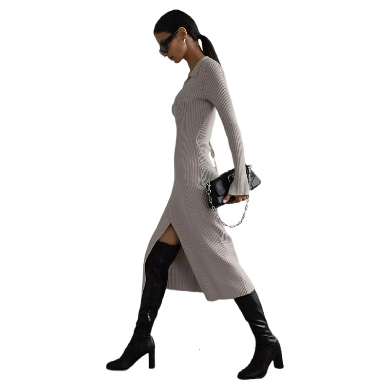 Minimalism Autumn Winter Women's Dress Fashion Vneck Knitted Slim Fit es For Women Temperament Sweater 12040639 210527