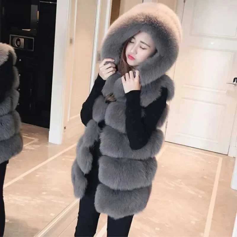 New Hooded Autumn And Winter Mid Length Casual Womens Faux Fur Vest Jacket Comfortable Loose Warm Female Tank Top CoatT251128