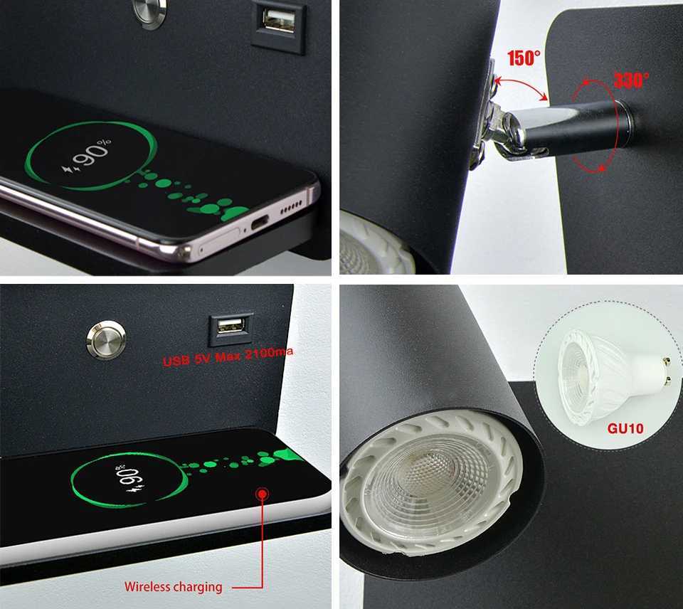 Indoor LED Wall Lamp USB And Wireless Charging Wall Light For Home Bedroom Bedside Nordic Sconce 5W GU10 Bulb Lights AC110V/220V M251128