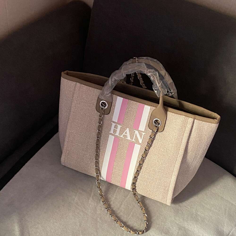 Personalized Monogram Customised Chain Handbag White Stripe Initials Beach Holiday Canvas Tote Bag Bride Gifts