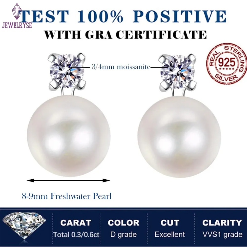 Houtros 0.1/0.3 Carat Moissanite Stud Earrings For Women Freshwater Pearl Drop Earring 925 Sterling Silver Fine Jewelry with GRA