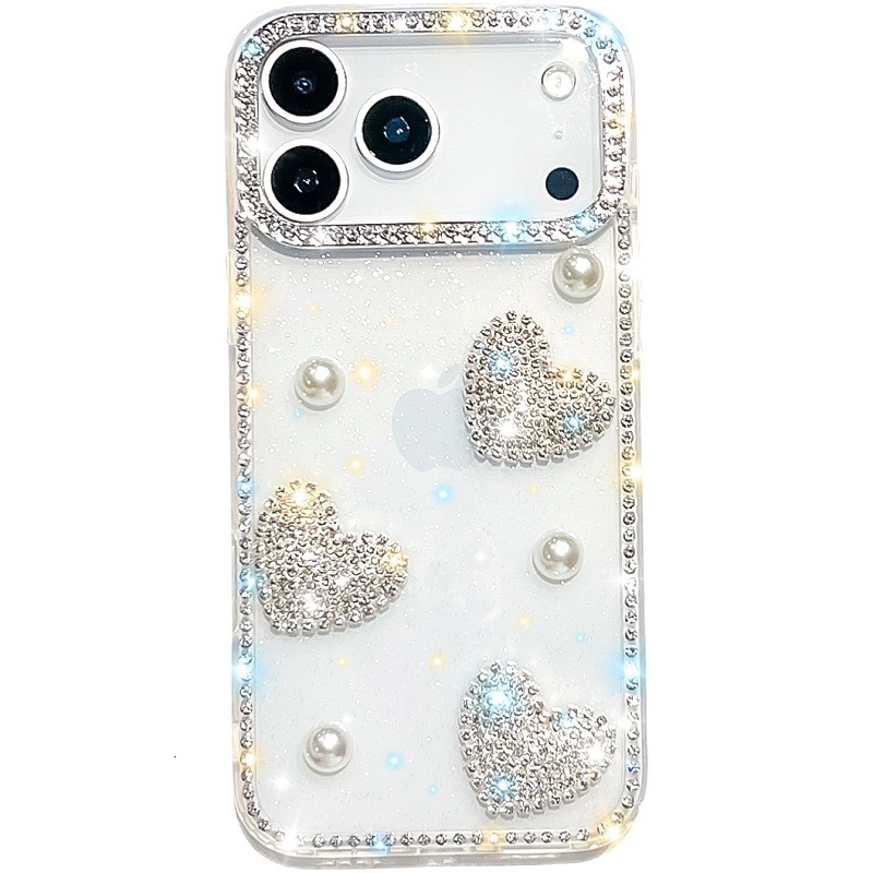 Sparkling Diamond Rhinestone Heart Phone Case iPhone 17 Pro Max Compatible with Apple 16/15 Pro Girly Style Trendy
