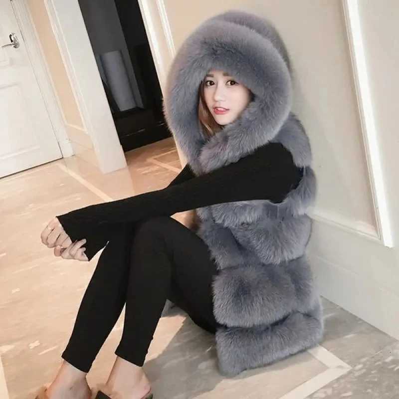 New Hooded Autumn And Winter Mid Length Casual Womens Faux Fur Vest Jacket Comfortable Loose Warm Female Tank Top CoatT251128