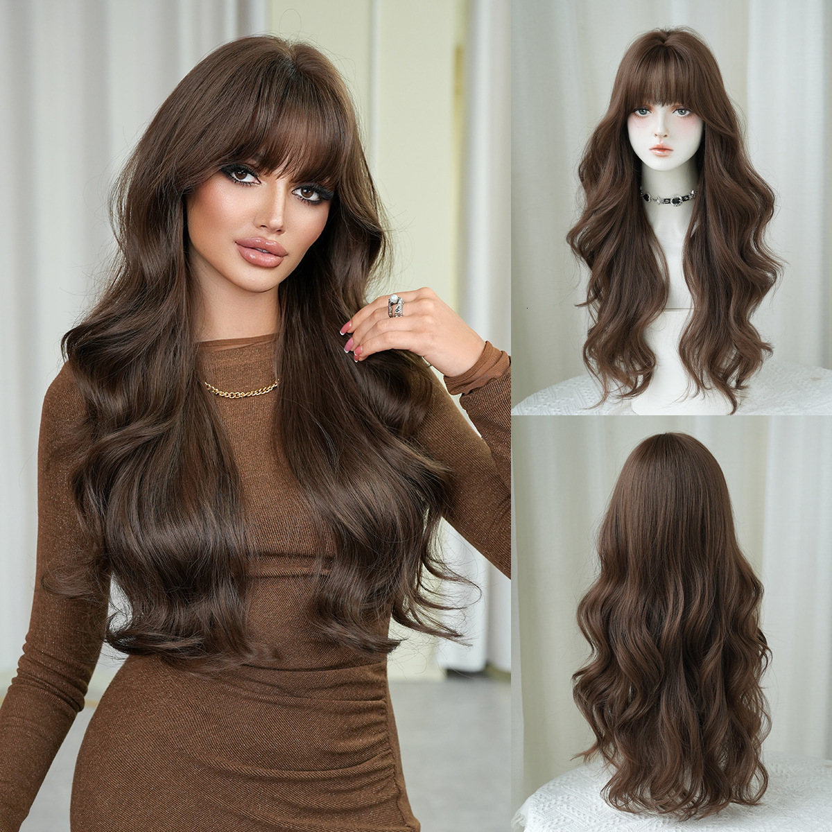 brown Honey wig for women with big waves long curly hair neat bangs fluffy whole top natural simulated hair full head cover