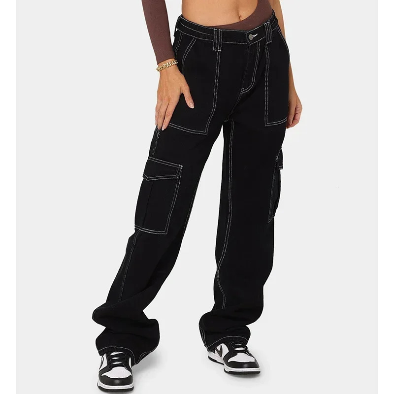 Woman High Waist American Cargo Jeans Lady Straight Leg Cross Pants Girls Fashion Light Blue Dark Black Gray Denim Trousers Z260313