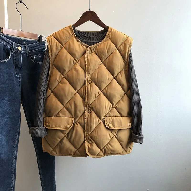 Women Autumn Winter Quilted Cotton Vest Sleeveless O-neck Loose Padded Waistvest Single Breasted Casual Ultralight Portable VestT251128