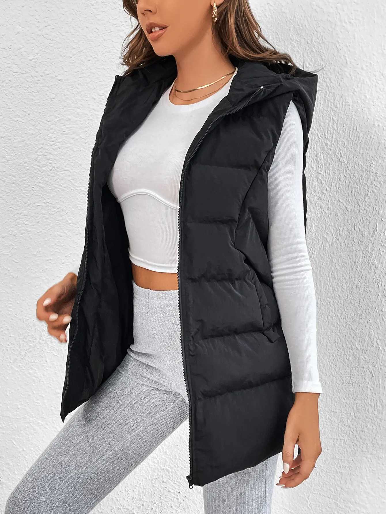 Cross-border Foreign Trade Europe and the United States Solid Color Cotton Jacket Hooded Long Zipper Cotton Vest Coat FemaleT251128