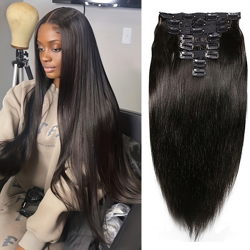 Peruvian Remy Clip in Human Hair Extensions Real Human Hair Natural Black 8pcs Per Set with 18 Clips Double Weft 120 grams