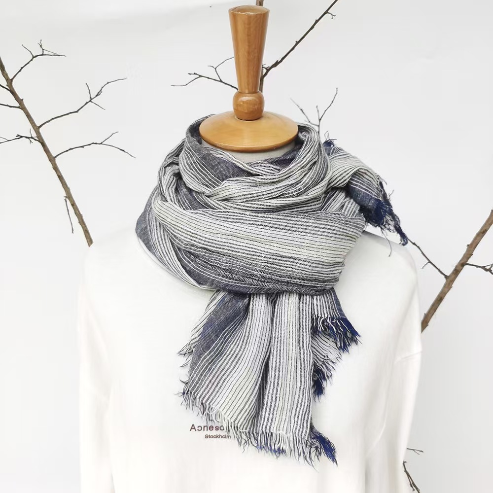 T582 Japanese and Korean striped cotton and linen scarf literary style personality natural wrinkle casual easy to match tassel scarf