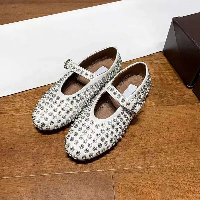 Round Headed Mesh Flat Bottomed Ballet shoes With A Button, Women's Rhinestone Rivets, Hollowed Out Mary Jane Single Shoe