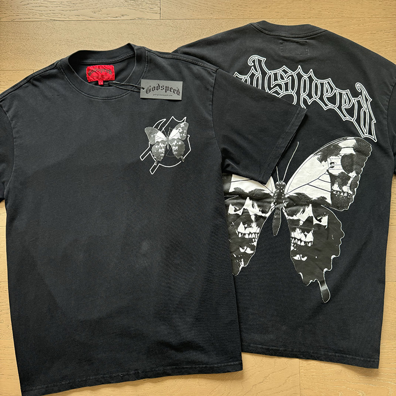 Statue Printed GOD SPEED Black Short Sleeve High Street Round Neck Pure Cotton Godspeed T-shirts
