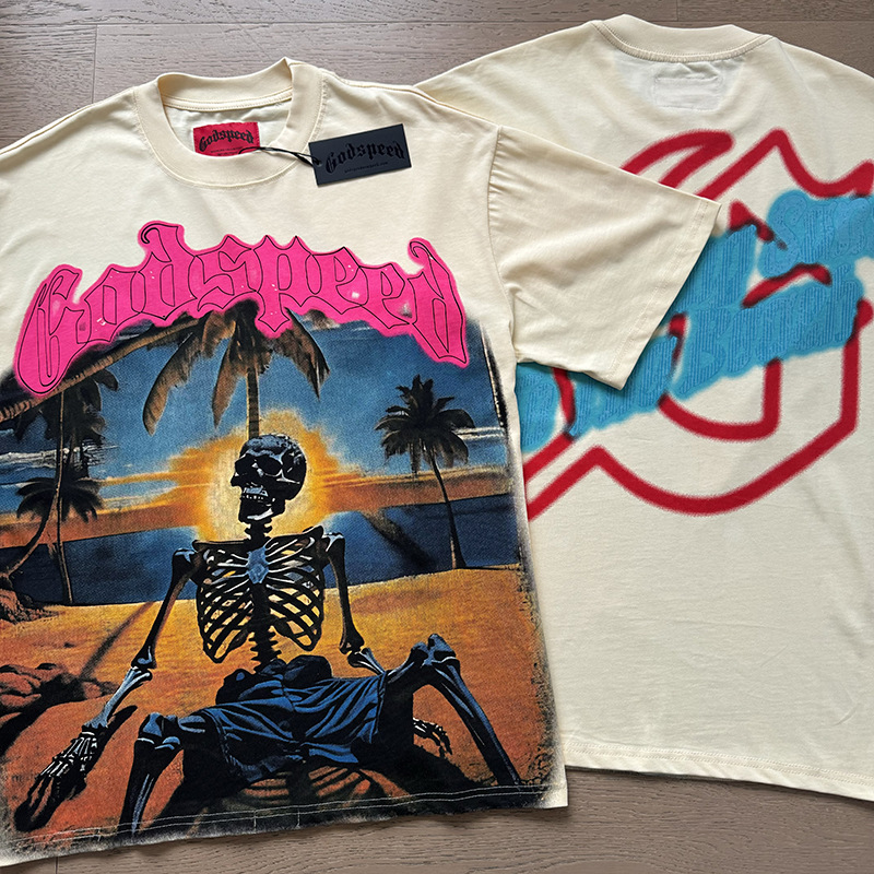 Hawaiian Vacation Skull Print Godspeed T-shirt Tops Men Women Couples Fashion Brand Streetwear Round Neck Short Sleeve Clothing