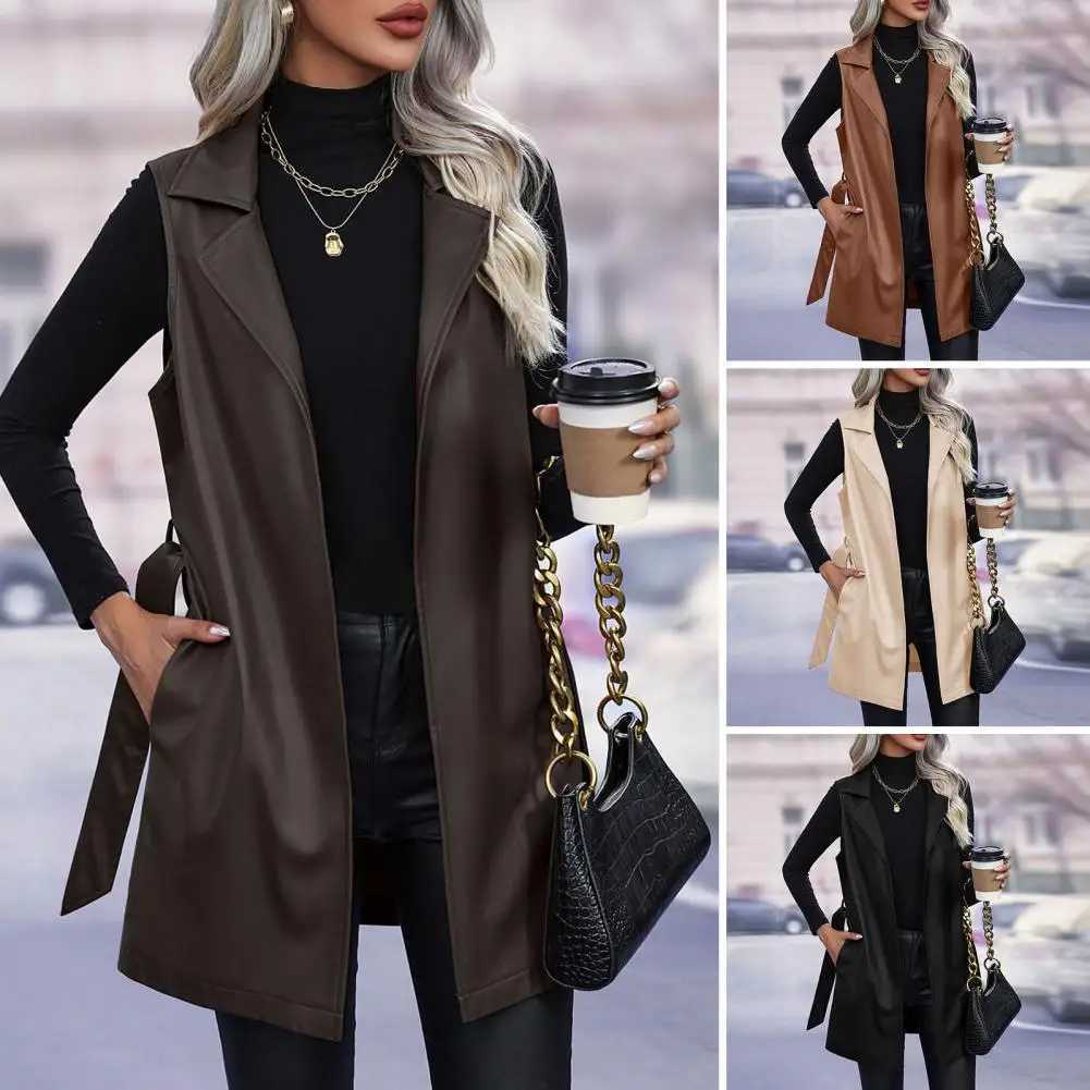 Women Jackets Vests Sleeveless Cardigan Coat with Belt Lace-up Waist Faux Leather Mid Length Cardigan Lady WaistcoatT251128