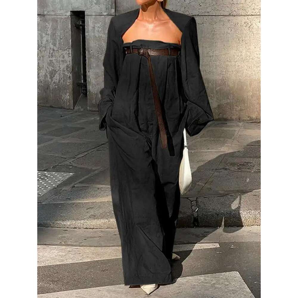 Yeezzi 2024 New Female Fashion Long Sleeves Collarless Outerwear Tops & Strapless Wide Leg Tube Belted Jumpsuits Two Pieces Sets