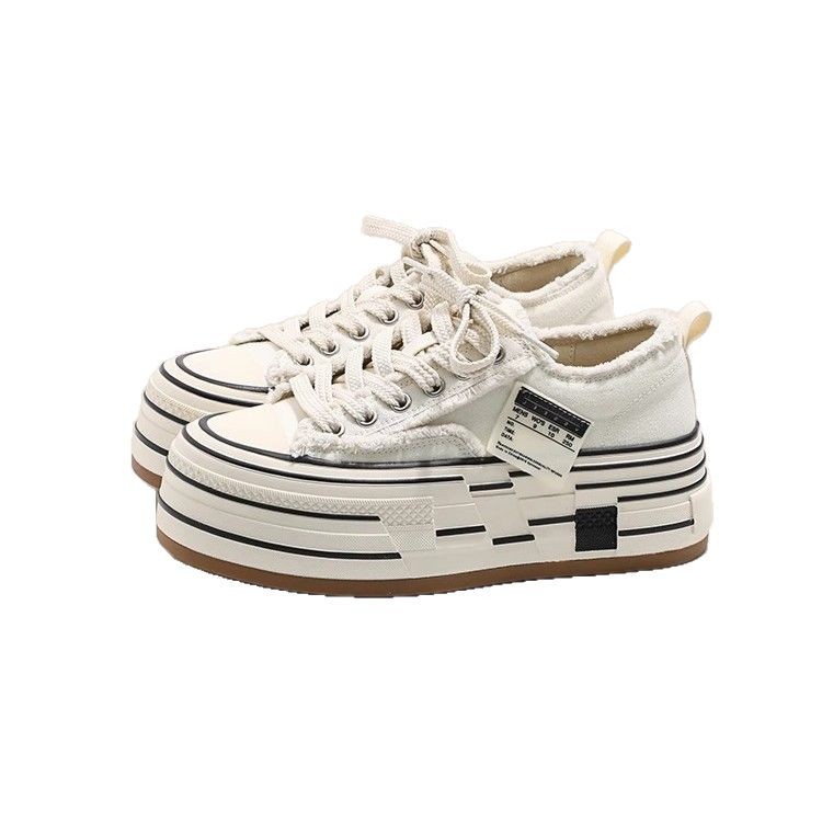Women's off-white platform canvas shoes with increased height new spring style chunky heel distressed shoes casual sneakers