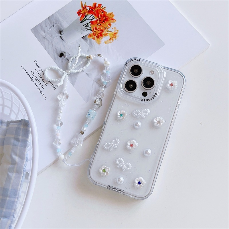 Epoxy Bowknot Pearl Small Flower Phone Case iPhone 17 Pro Max Compatible with Apple 16 /15 Pro Transparent Protective Case