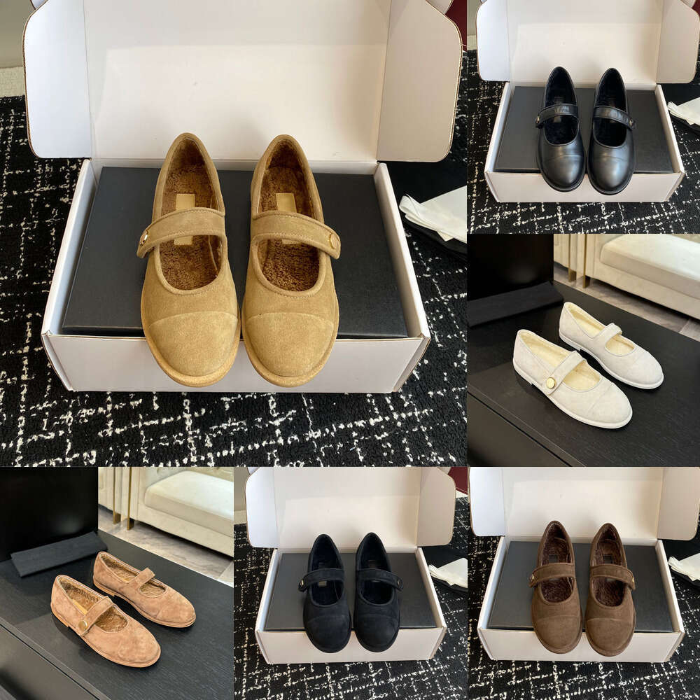 Luxury Mary Jane loafers ballet flat designer shoes girl shoe winter womens Round-toed genuine Leather wool Warm brown Ballet fur flats Fluffy furry Shearling
