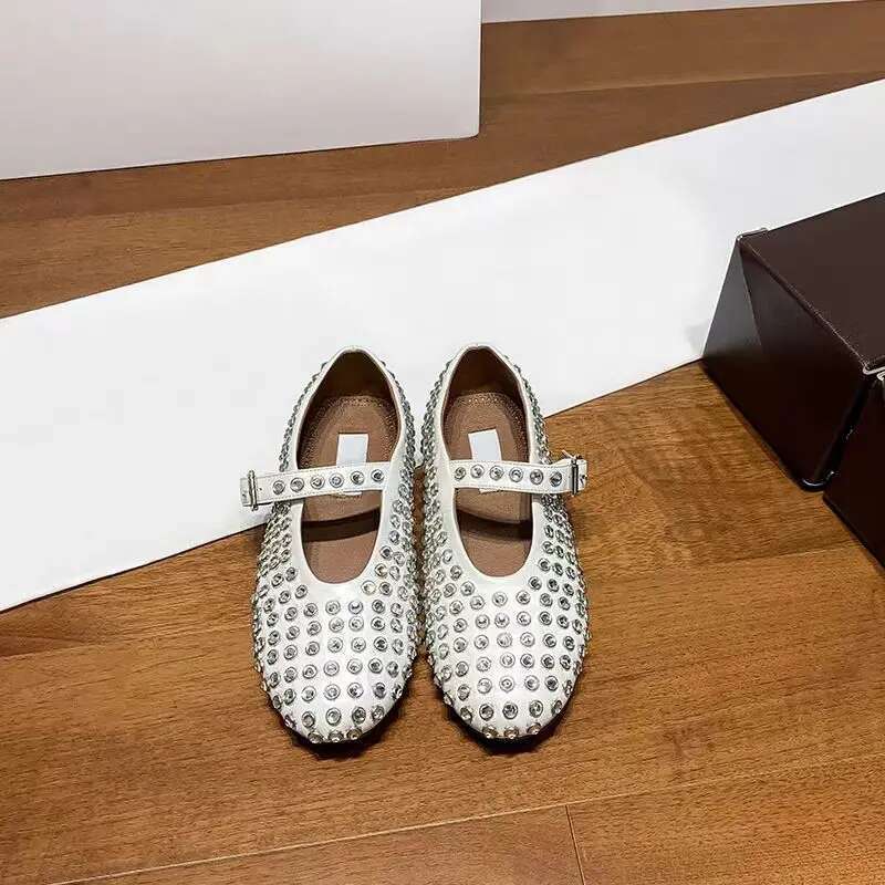 Round Headed Mesh Flat Bottomed Ballet shoes With A Button, Women's Rhinestone Rivets, Hollowed Out Mary Jane Single Shoe