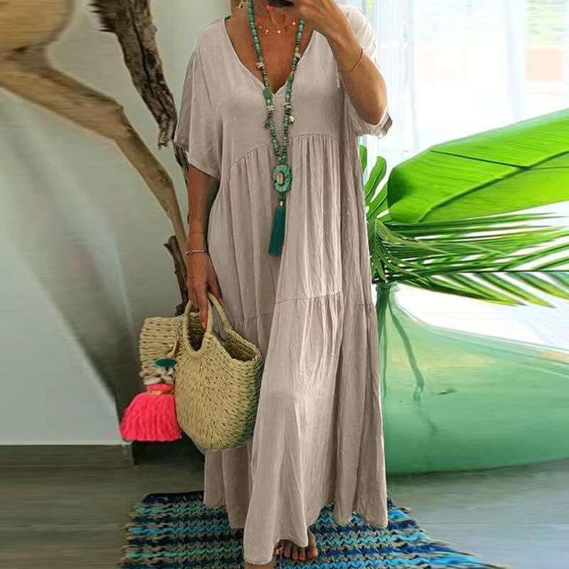DHEssentials Women's Cotton And Linen Loose Long Maxi Summer V-neck Short Sleeved Solid Oversized Dress With Size S-5XL