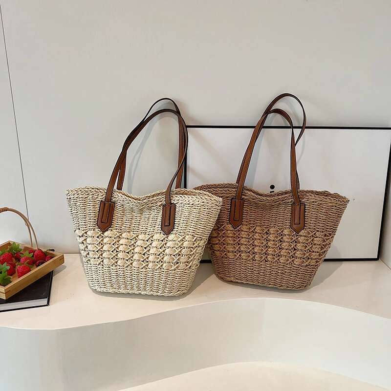 Summer For Women Straw Shoulder Bags Rattan Woven Top Handle Hollow Raffia Crochet Beach Bag Casual Handbags
