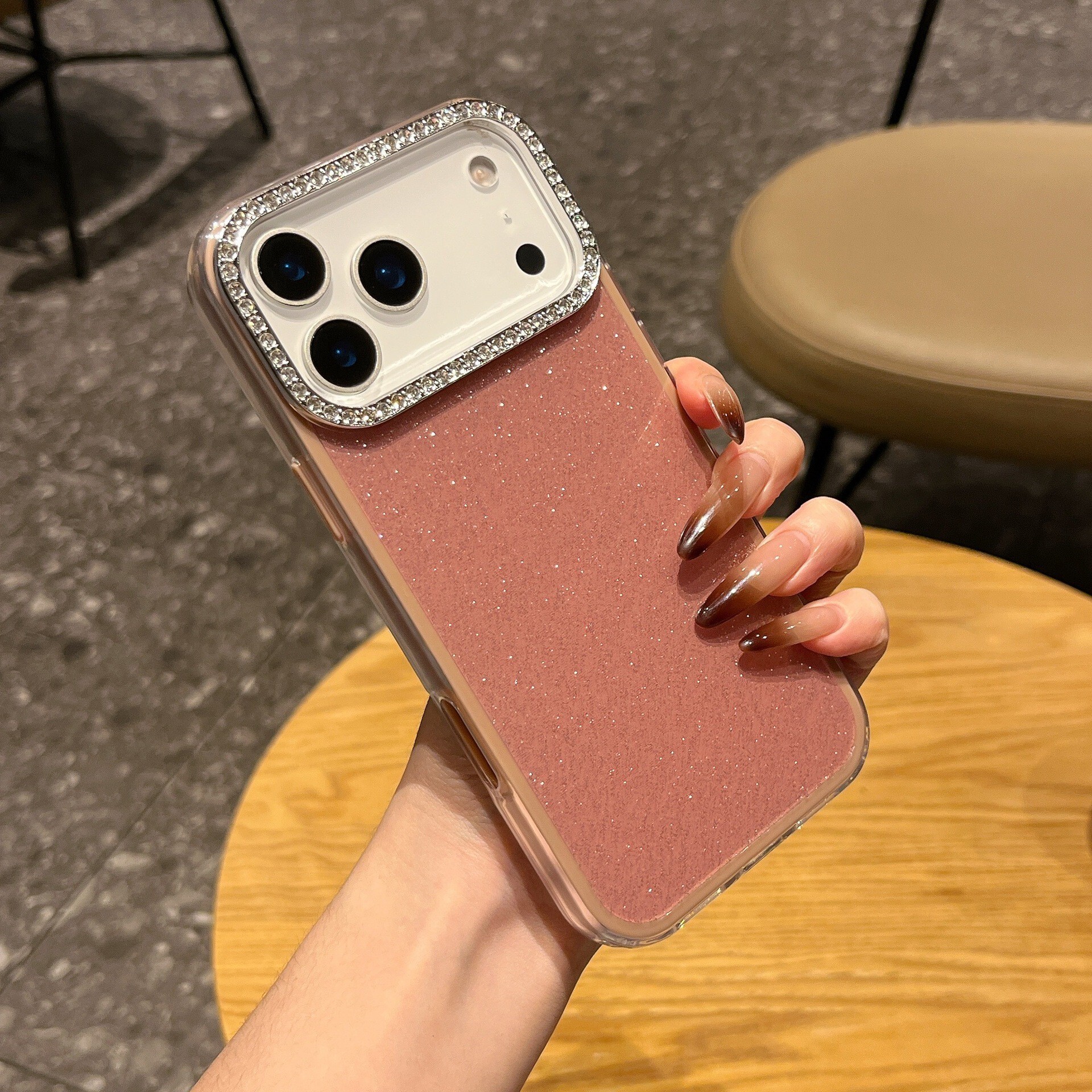 Solid Color Glitter Phone Case iPhone 17 Pro Max Compatible with Apple 16 /15 Rhinestone Lens Frame Protective Case