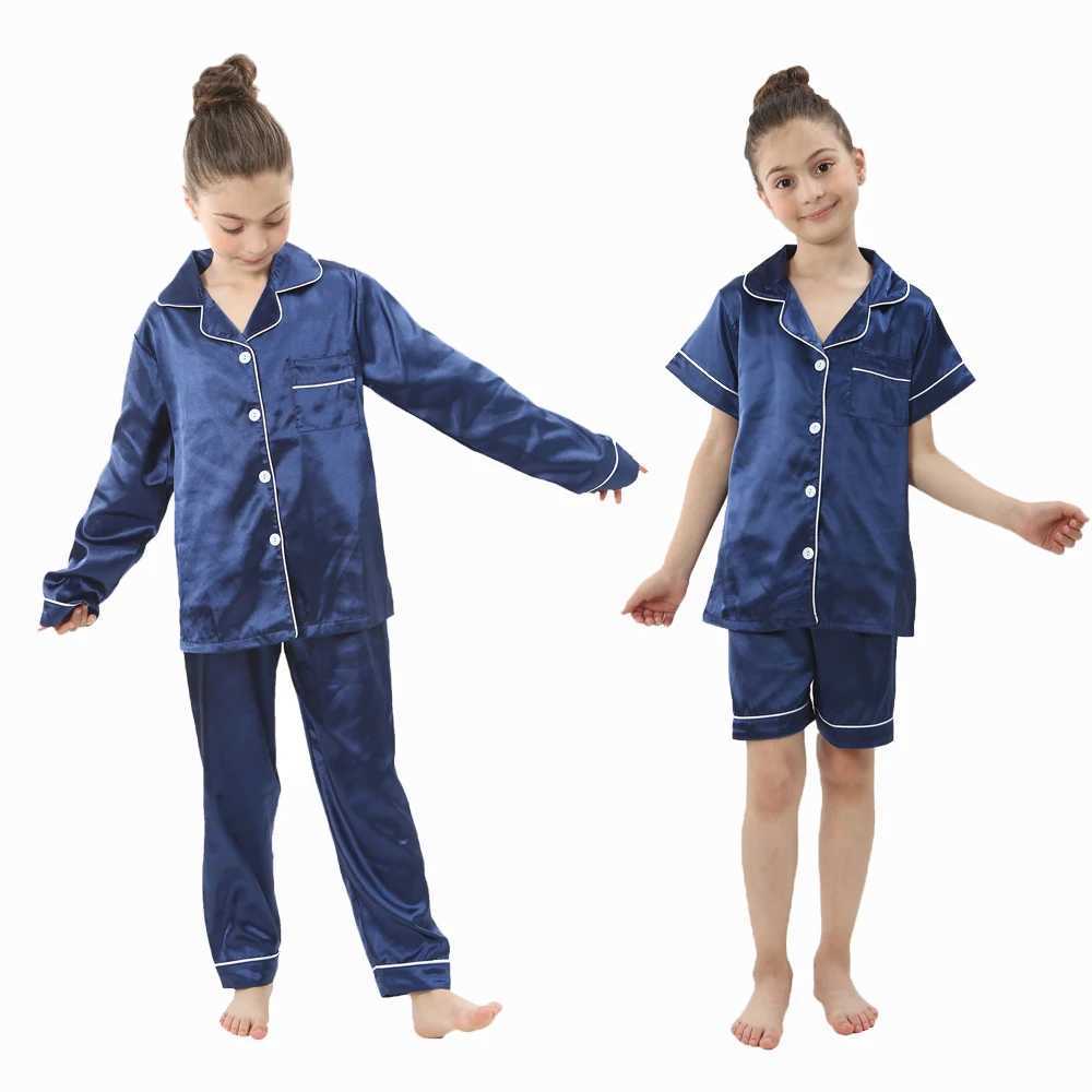 2 to 14 Years Boys Girls Pajamas Sets Kids Silk Satin Top Pant Long/Short Sleeve Solid Pyjamas Suits Nightgown Child Sleepwear H260403