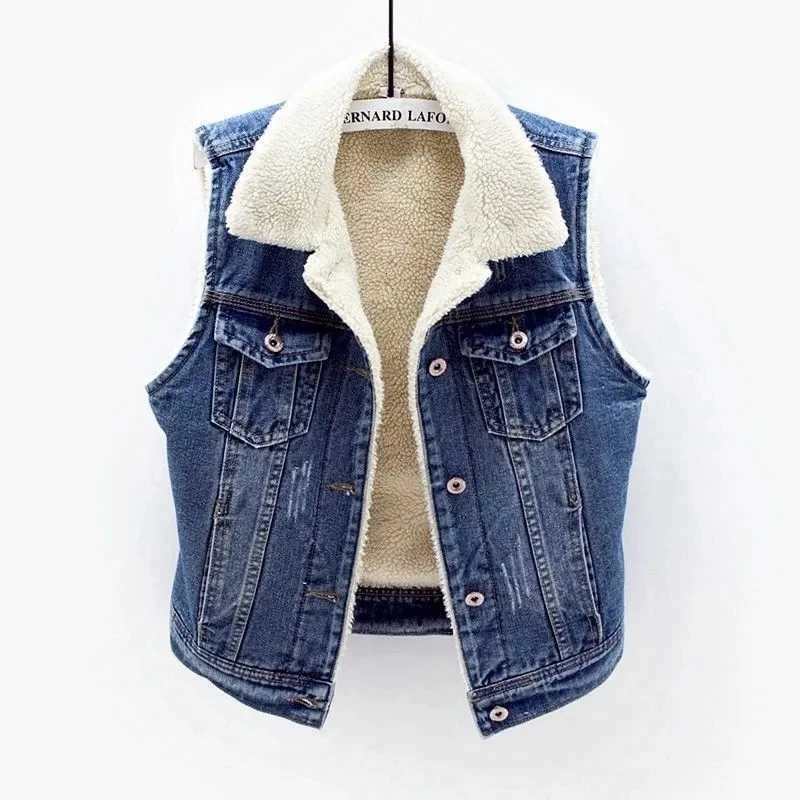 Deep Blue Lambhair Plush Thicken Denim Vest Women Autumn Winter Large Size Short Jeans Coat Sleeveless Jacket Warm Waistcoat 5XLT251128