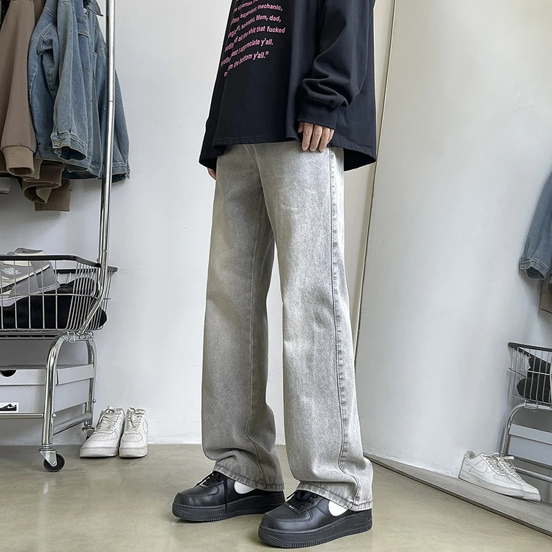 Mens retro light gray boot jeans fashion Korean street denim elastic waist comfortable pants mens clothing 250423