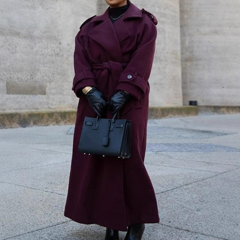 2025 Autumn Winter Solid Color Elegant High-End Long Waist-Tie Woolen Coat 241021