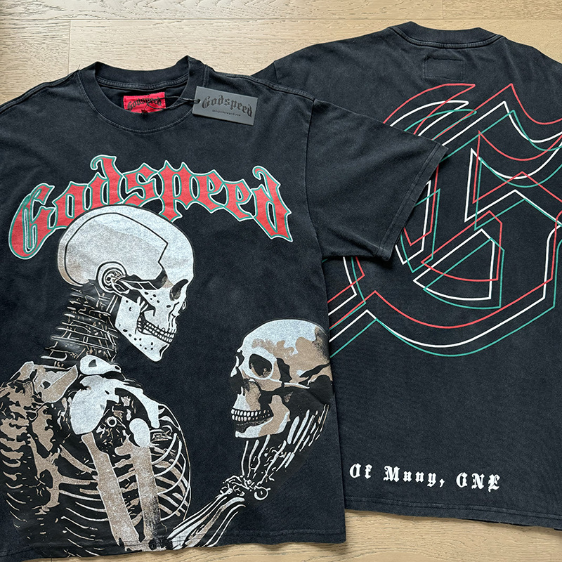 Letter Skull Flowers Print Godspeed T-Shirts American Streetwear Fashion Hip Hop Vintage Men Women Couple Short Sleeve Tops