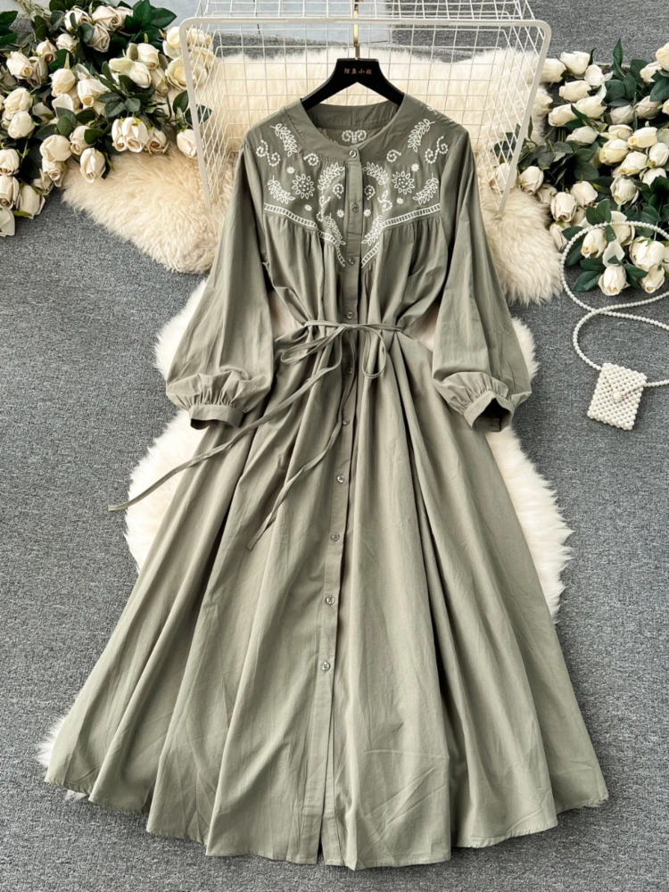 Women Long Dress Spring Autumn Long Sleeved Retro Embroidered Floral Loose Long Dresses Ladies Elegant Robe