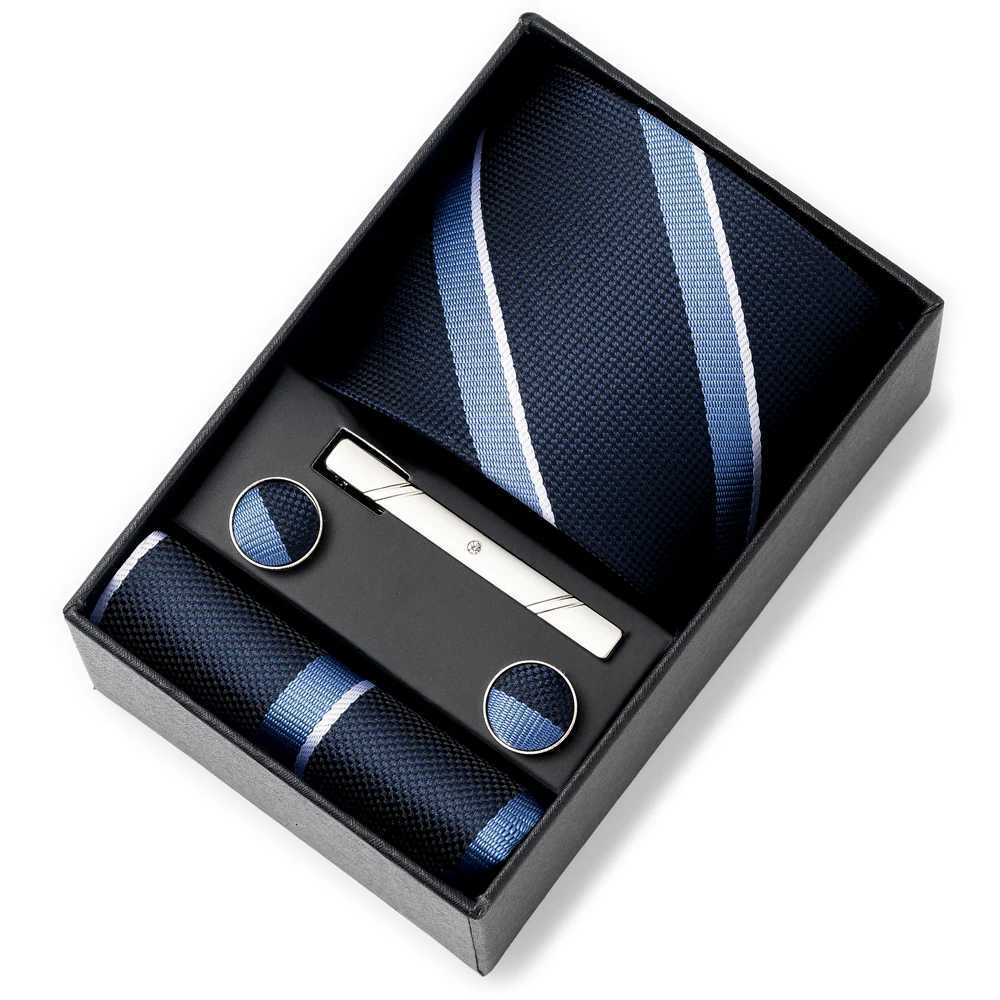 Newest Style Gift Box 8 cm Tie Handkerchief Cufflink Clip Set Men Blue Striped Wedding Gravata Suit Accessories Fit Workplace X251128