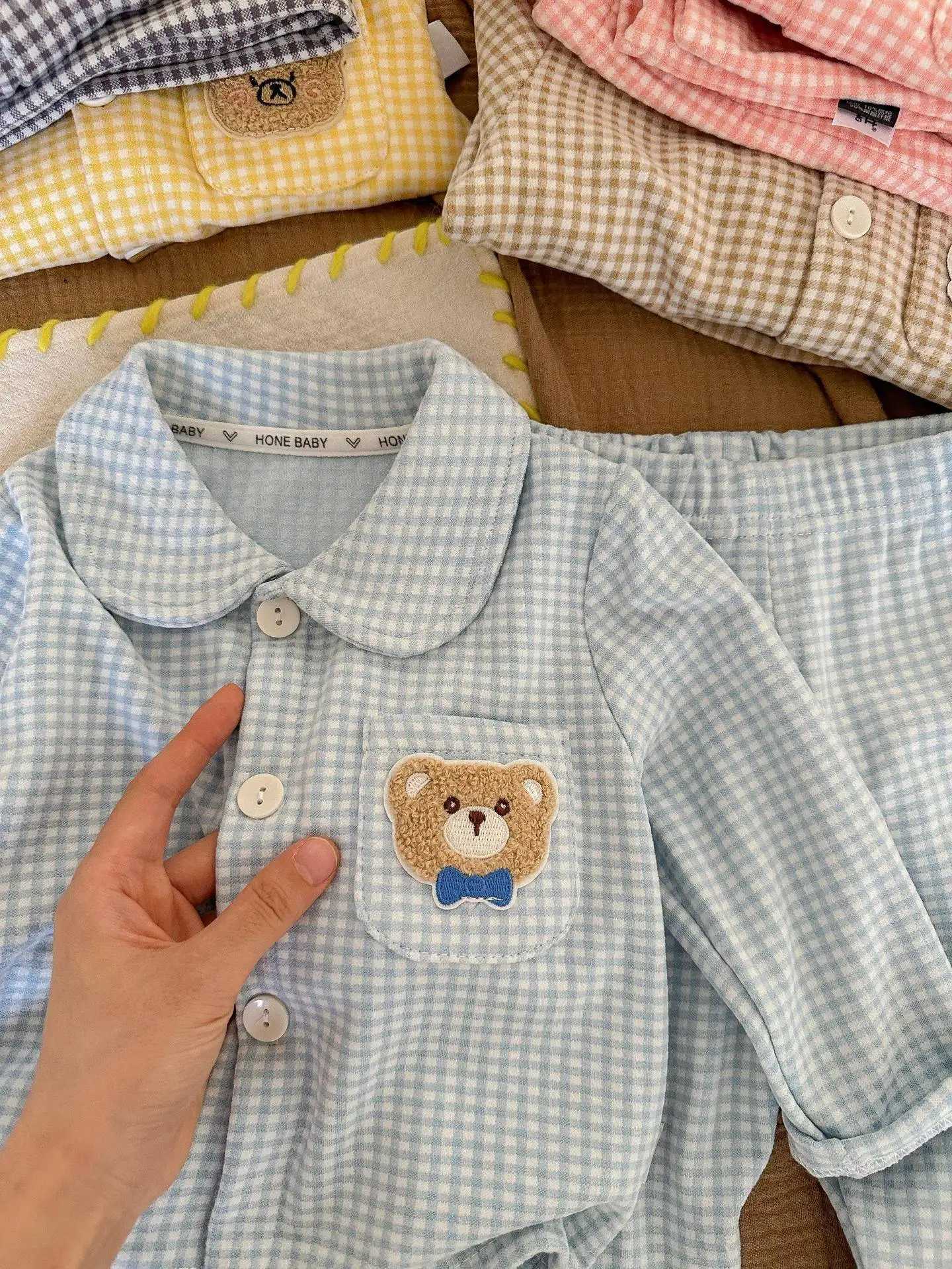Kids Plaid Cartoon Pajamas Sets 1-9Y Toddler Boys Girls Cute Animal Patch Checkered Sleepwear Long Sleeve Homewear Loungewear H260403