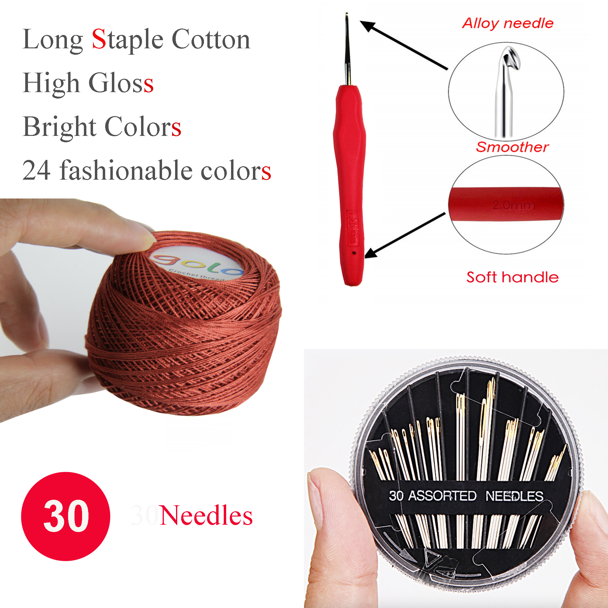 golo Crochet thread Colourful Crochet Yarn 24 Balls 2 Hooks Included - A Ball 10g