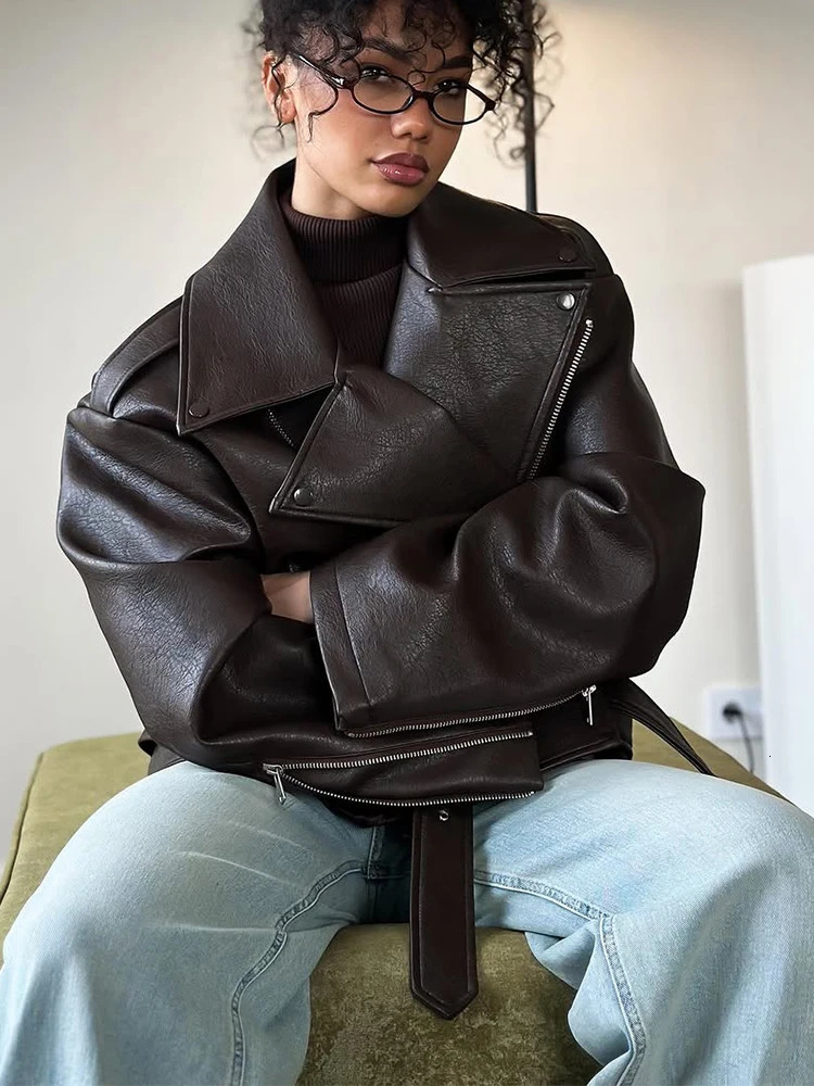 Casual Dark Red Zipper Leather Short Jacket Long Sleeve Lace Up Lapel Loose Button Coat Lady Daily High Street Wear 2025 251126
