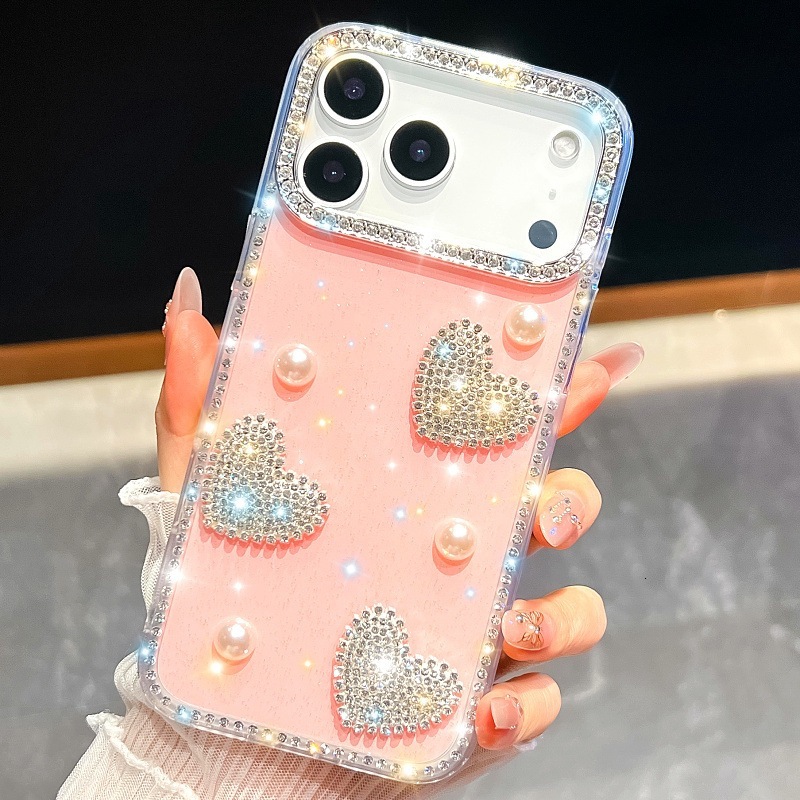 Sparkling Diamond Rhinestone Heart Phone Case iPhone 17 Pro Max Compatible with Apple 16/15 Pro Girly Style Trendy