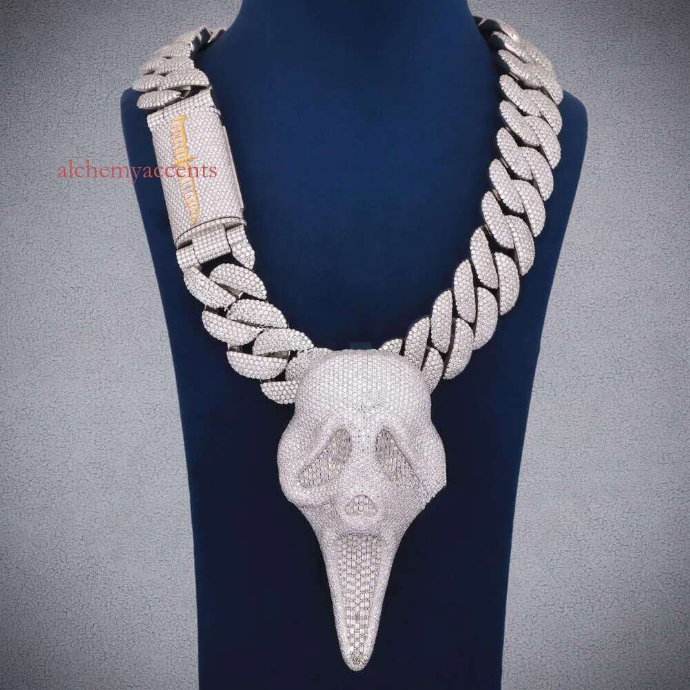 Moissanite Ghost Face Pendant Cuban Chain Iced Out Hip Hop Necklace in 925 Silver Custom Bling Jewelry for Men
