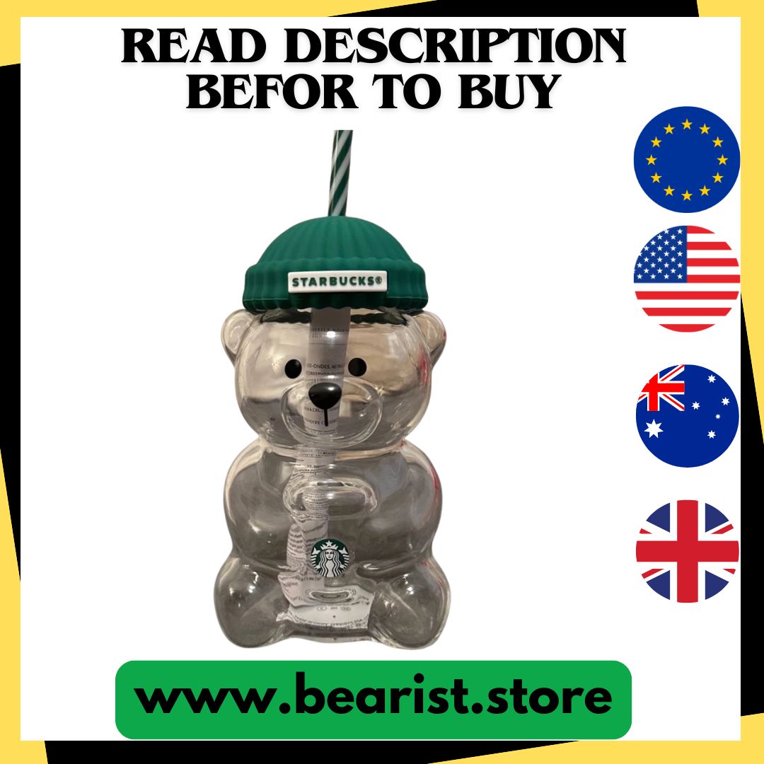 40oz Star bucks Teddy Bear Barista Glass Bear Cup With Straw Cute Transparent Tumbler With Hat For Iced Coffee Cold Drink Gift - Read Description before to buy