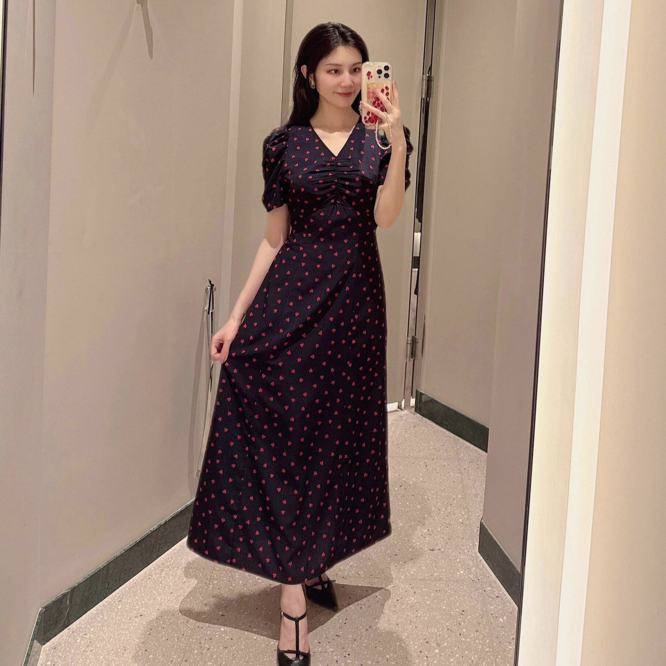T17 sweet style love print puff sleeve dress V-neck waist temperament long dress for women