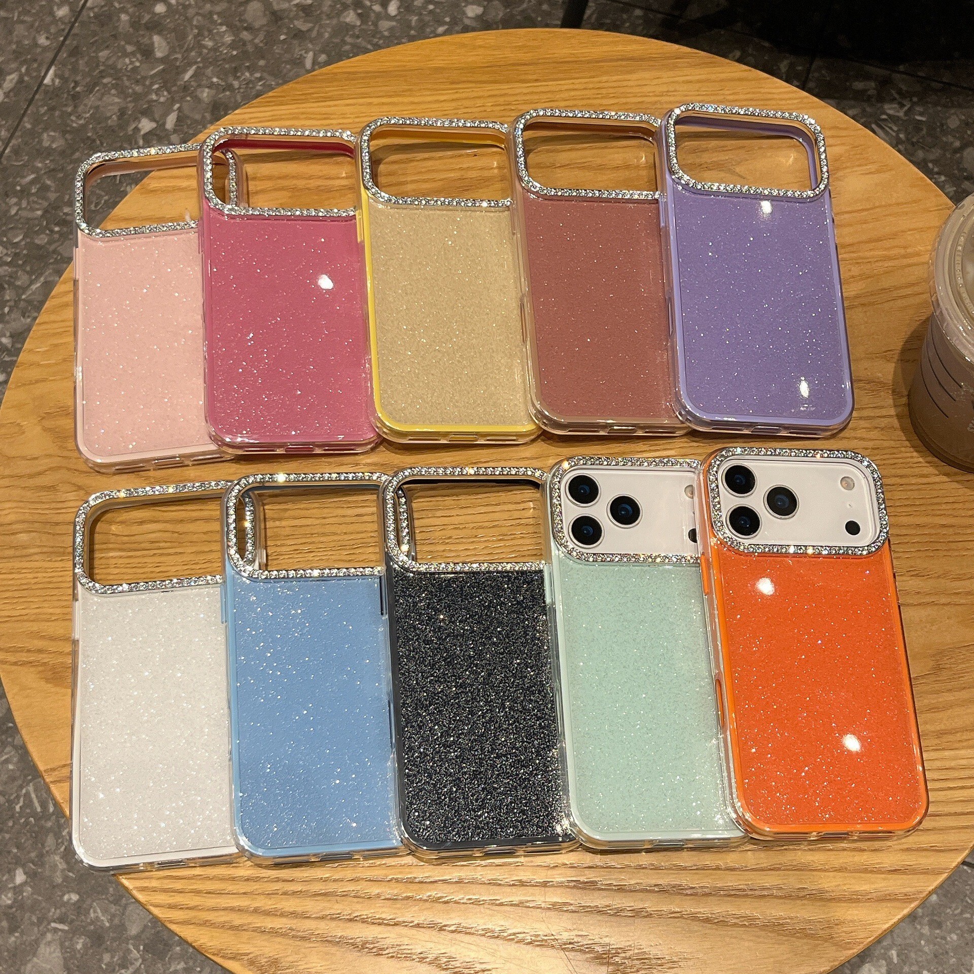 Solid Color Glitter Phone Case iPhone 17 Pro Max Compatible with Apple 16 /15 Rhinestone Lens Frame Protective Case