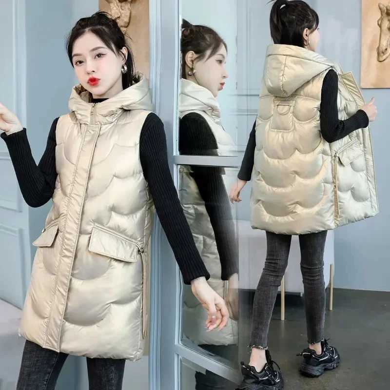 Womens Thick Hooded Vest Sleeveless Coat Large Size Long Warm Cotton Waistcoat Winter Tops New 2025T251128