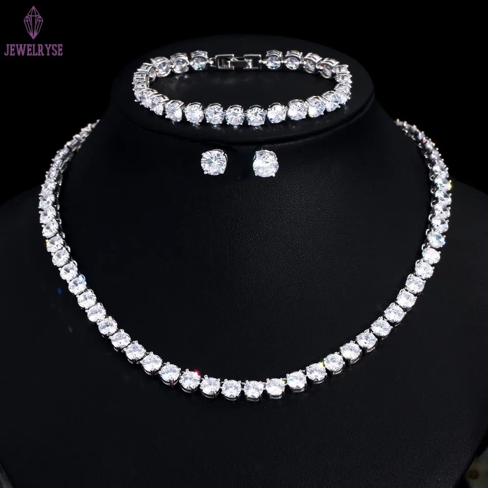 Top Sell Wedding Jewelry Sets Luxury Jewelry 18K White Gold Fill Round Cut White 5A Cubic Zircon CZ Diamond Stud Earring Tennis Bracelet Women Necklac